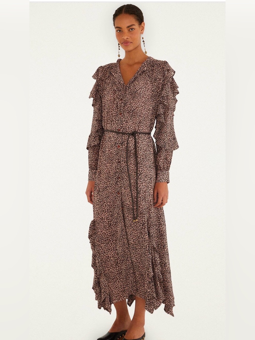 FARM Rio Brown Leopard-Print Ruffle Maxi Dress